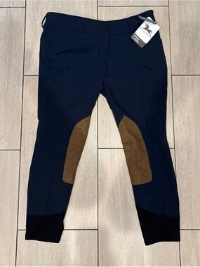 Classic Navy Blue Equestrian Breeches with Brown Knee Patches